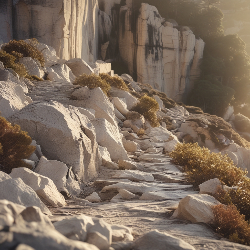 Couloir d'une bibliothèque institutionnelle avec hauts plafonds voûtés en pierre, rangées de livres des deux côtés, lumière naturelle venant d'une fenêtre au fond, perspective symétrique
