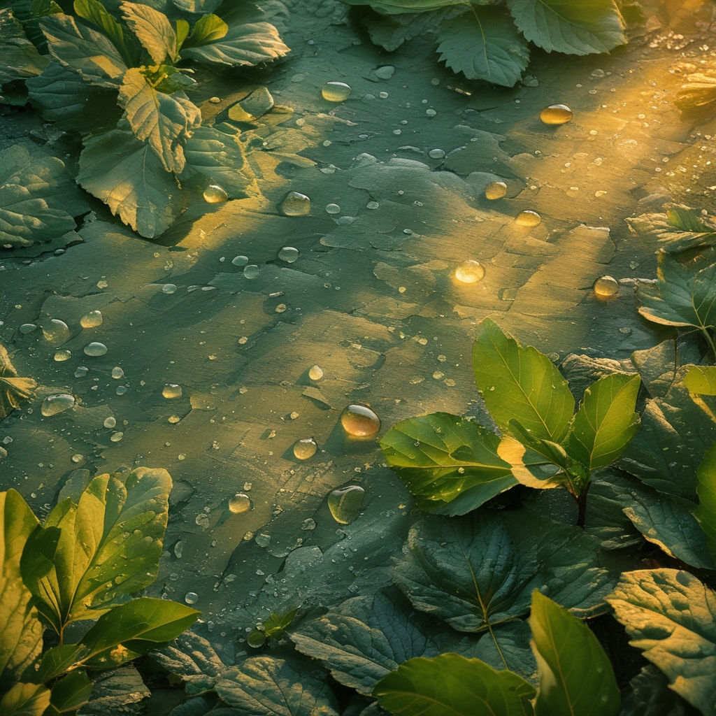 Gros plan sur des feuilles vertes fraîches avec des gouttes de rosée du matin captant la lumière naturelle, fond légèrement flou vert profond, texture organique délicate