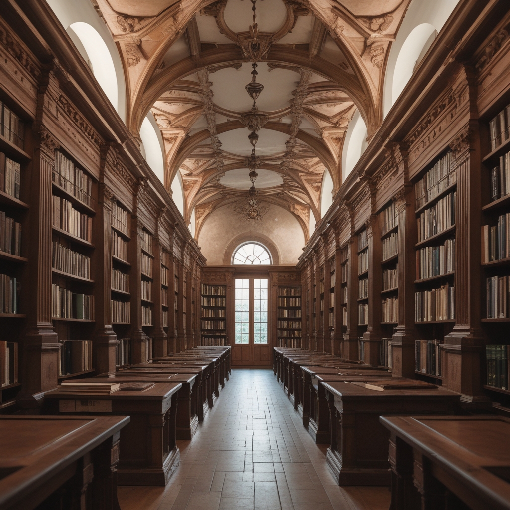 Intérieur de bibliothèque ancienne avec hauts plafonds en bois sculpté, rangées de livres reliés en cuir, lumière tamisée d'une lampe de lecture, atmosphère studieuse et paisible