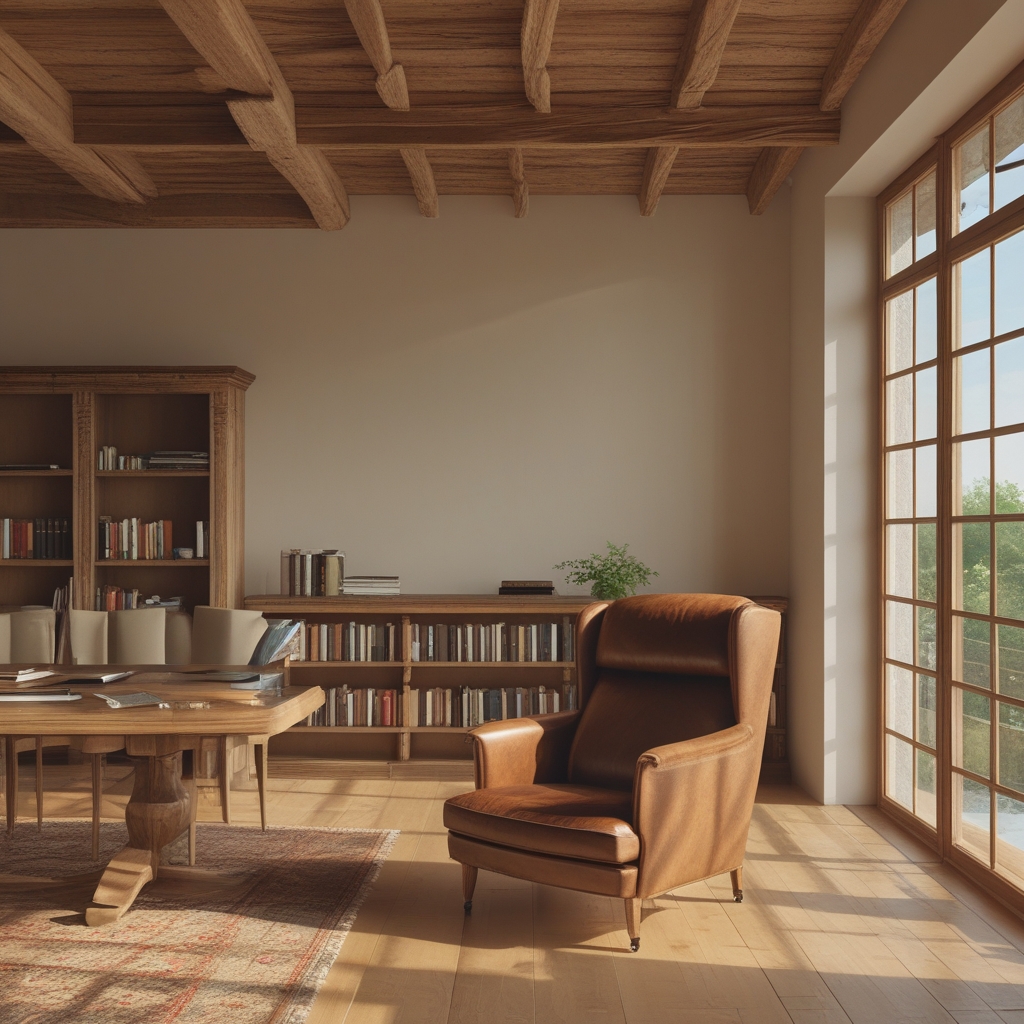 Espace de lecture calme avec une grande chaise en bois et cuir près d'une fenêtre à petits carreaux, étagère de livres en arrière-plan, lumière de fin d'après-midi, ambiance studieuse