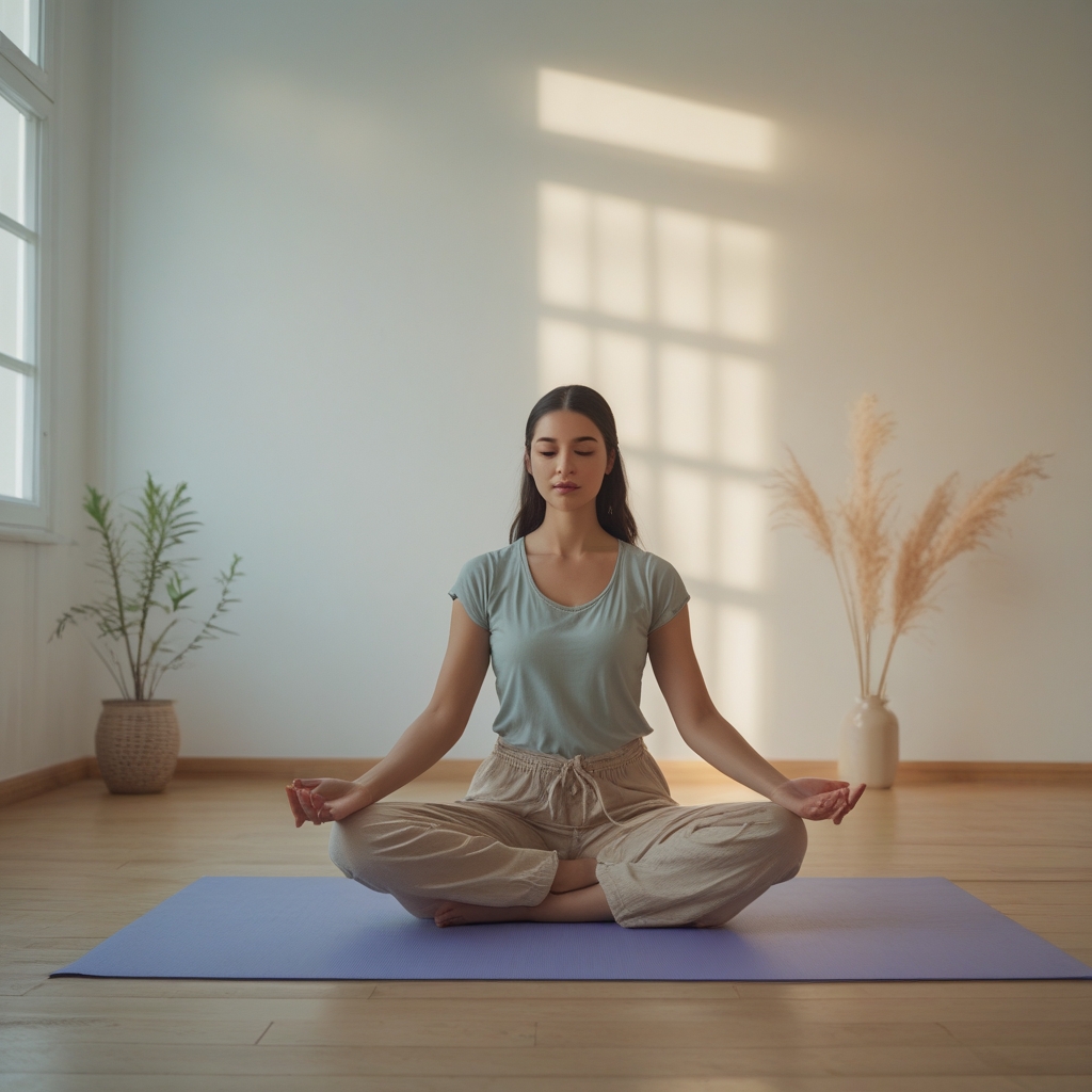 Personne pratiquant un étirement doux dans un studio lumineux aux murs blancs, lumière naturelle diffuse, atmosphère sereine et contemplative