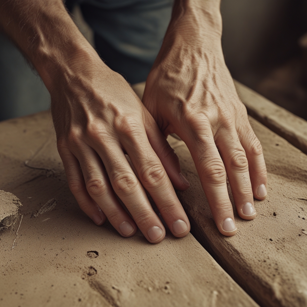 Détail de mains humaines s'appuyant sur une surface en pierre naturelle grise texturée, lumière latérale douce créant des ombres subtiles sur les aspérités de la pierre