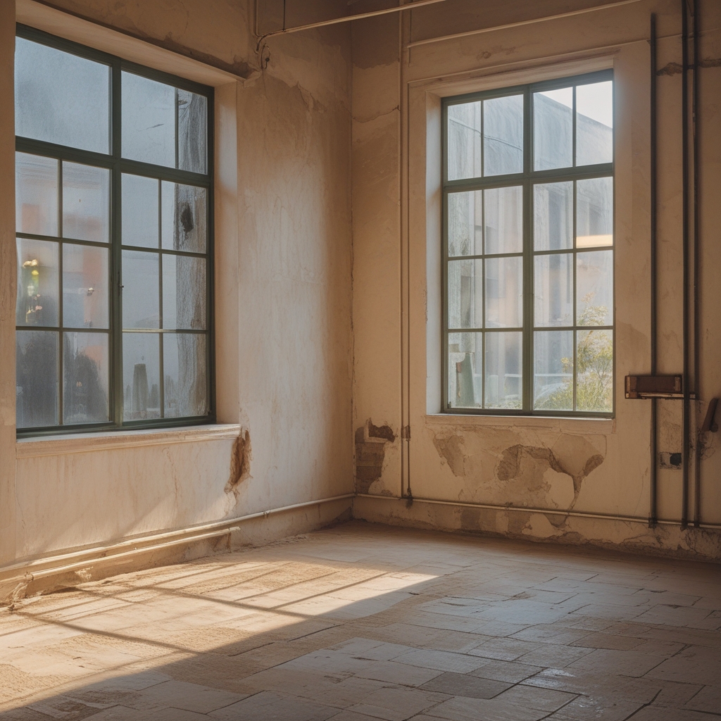 Studio d'activité physique épuré avec plancher en bois clair poli, fenêtres hautes laissant entrer la lumière du matin, espace vide et aéré vu en angle diagonal
